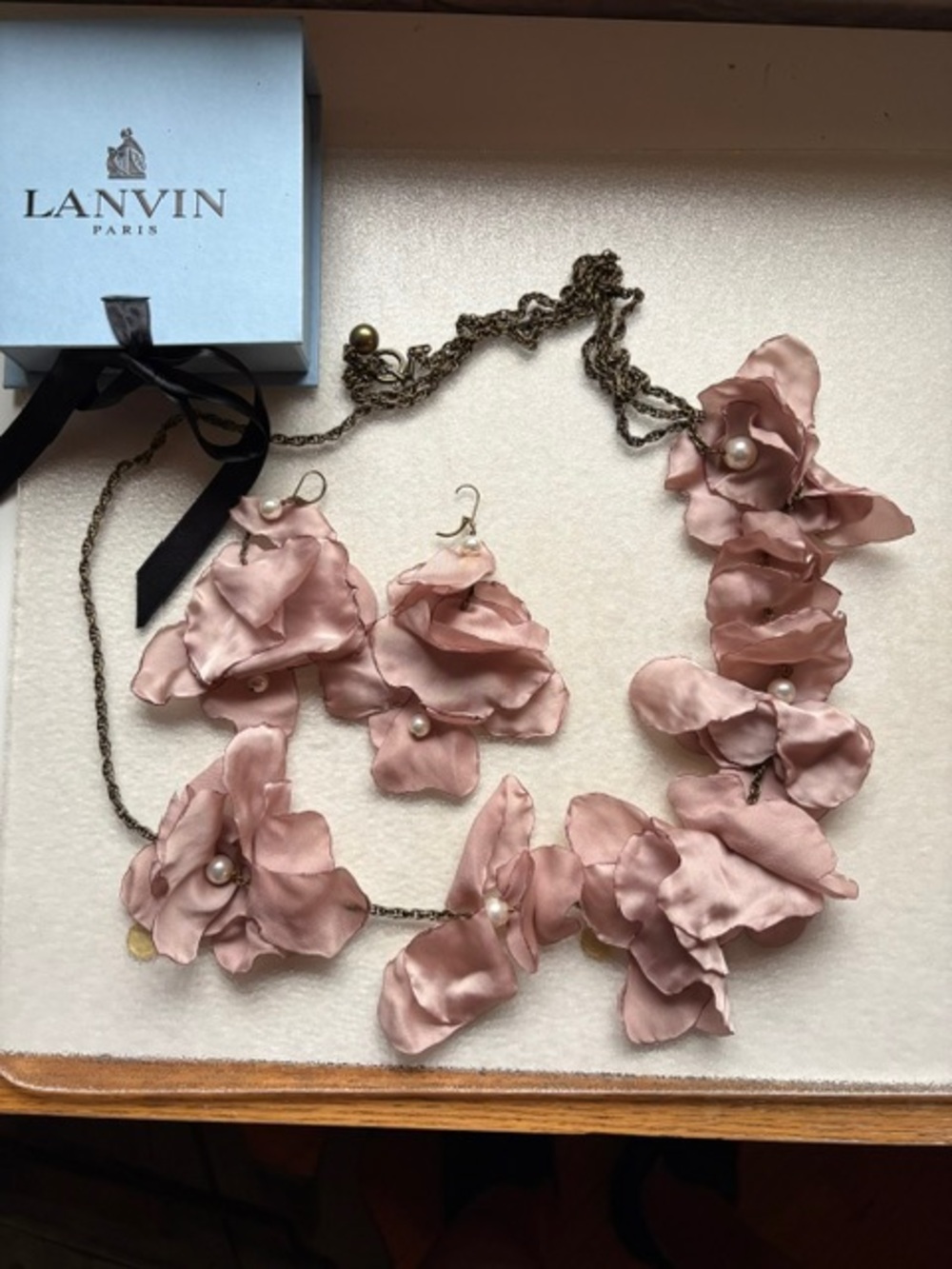 Lanvin Blush Pink Satin Floral Necklace with Matching Earrings